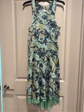 Feather Clothing Sleeveless Watercolor Print Boho-Chic Maxi Dress in Aqua & Navy